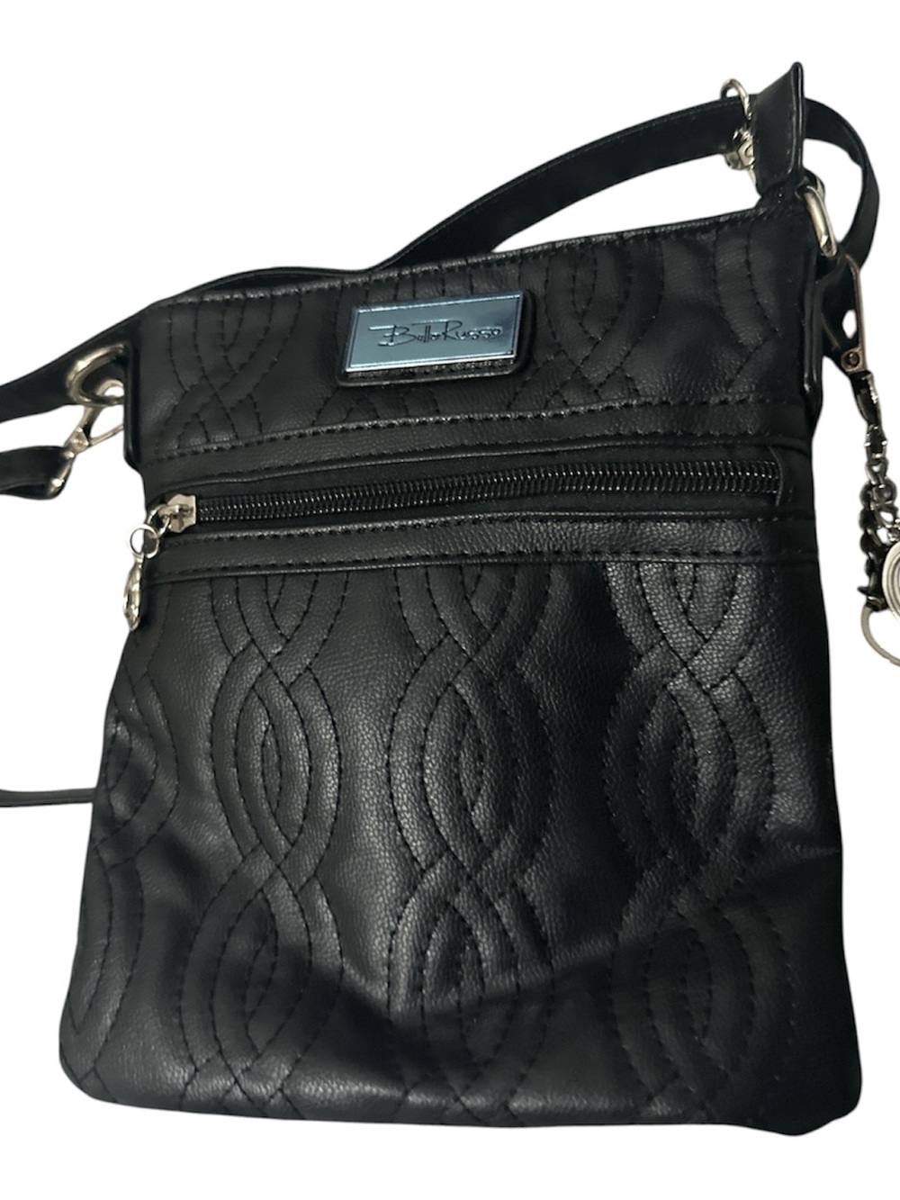 NWOT Bella Russo  Black Quilted Crossbody with Front Zip Pocket silver charms